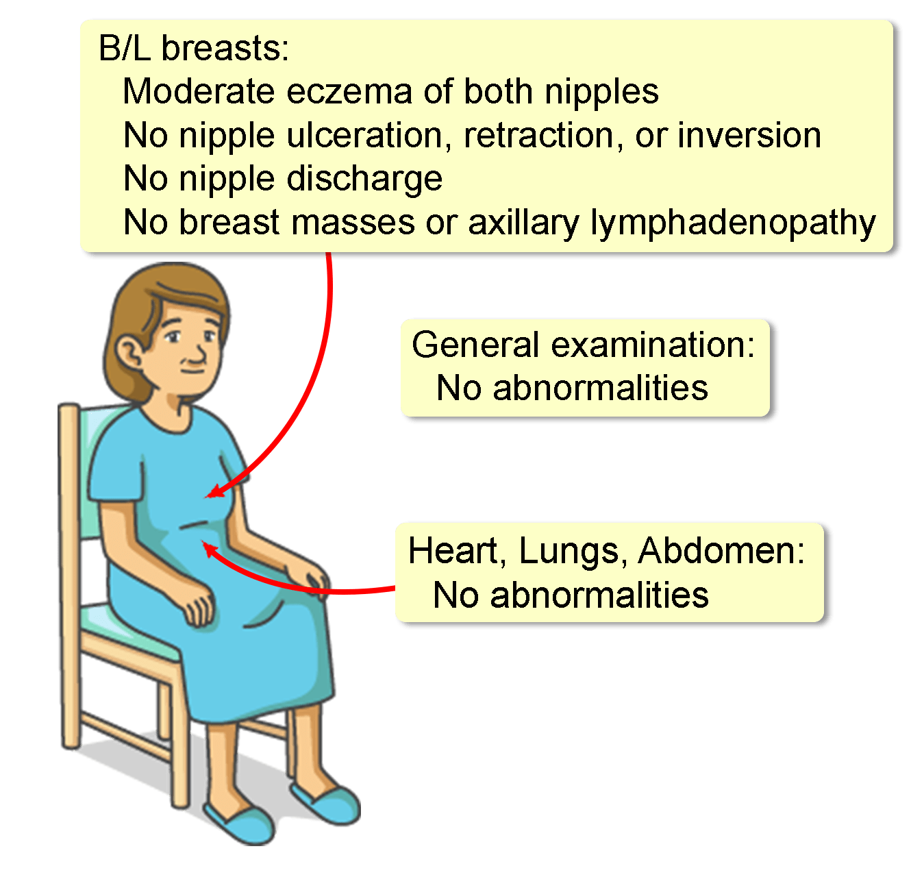 Initial presentation of the patient: (A) double nipple lesions; (B